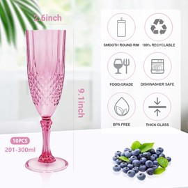 10Pcs Pink Plastic Champagne Flutes 7oz Unbreakable Vintage Embossed Champagne Glasses Disposable Shatterproof Clear Wedding Cocktail Cups for Engagement Birthday Bachelorette Party Thanksgiving