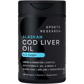 Sports Research® Omega-3 Wild Alaskan Cod Liver Oil 1000mg with Vitamins A (1000 IU) & D3 (400 IU) - Burpless, Bovine Free, Non-GMO, & MSC Certified Sustainable - 120 Softgels