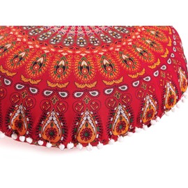Popular Handicrafts Floor Pillow Cushion Cover - Hippie Mandala Cushion Cover Large with Pom Poms Soft Particles - Pouf Cover Round Bohemian Yoga Decor, 32" Red