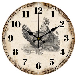 CHGCRAFT Wall Clock Country Style Chicken Wall Clock Non-Ticking Clock Round Wooden Decorative Wall clock MDF Printed Wall Clock for Home Living Room Bedroom Home Office Decoration