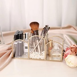 HARLIANGXY Glass Make Up Brush Holder, Vintage Cosmetic Brush Storage, Make Up Brush Organiser, Cosmetic Organiser Gold, Make Up Container, Cosmetic Organiser for Dressing Table, Bedroom
