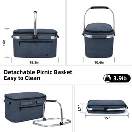 ALLCAMP Picnic Basket - 2 Ice Box Included 32L Insulated Cooler, Thickening Foldable Picnic Basket with Removable Baskets & Sewn-in Frame, Basket for House Warming Gifts New Home(Blue)