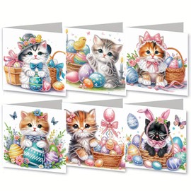 MaiYiYi - Paquete de 6 tarjetas de arte 5D con globo para gatos y diamantes, tarjetas de felicitación para gatos y gatos, con diseño de diamantes, tarjetas de cumpleaños para familiares, amigos,