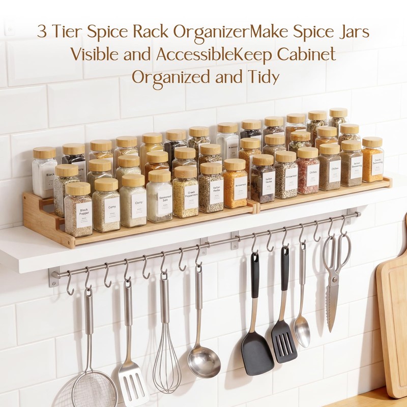 Spice Rack Organizer for Cabinet, 18in Bamboo Tiered Spice Rack，Used