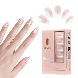 Sifvoo French Tip Press on Nails, Short White Press on Nails Almond Reusable Glossy Laser White Nails Soft Gel False Nails Press ons for Women, 15 Sizes 32 Count Nails Kit with Glue (SV-04)