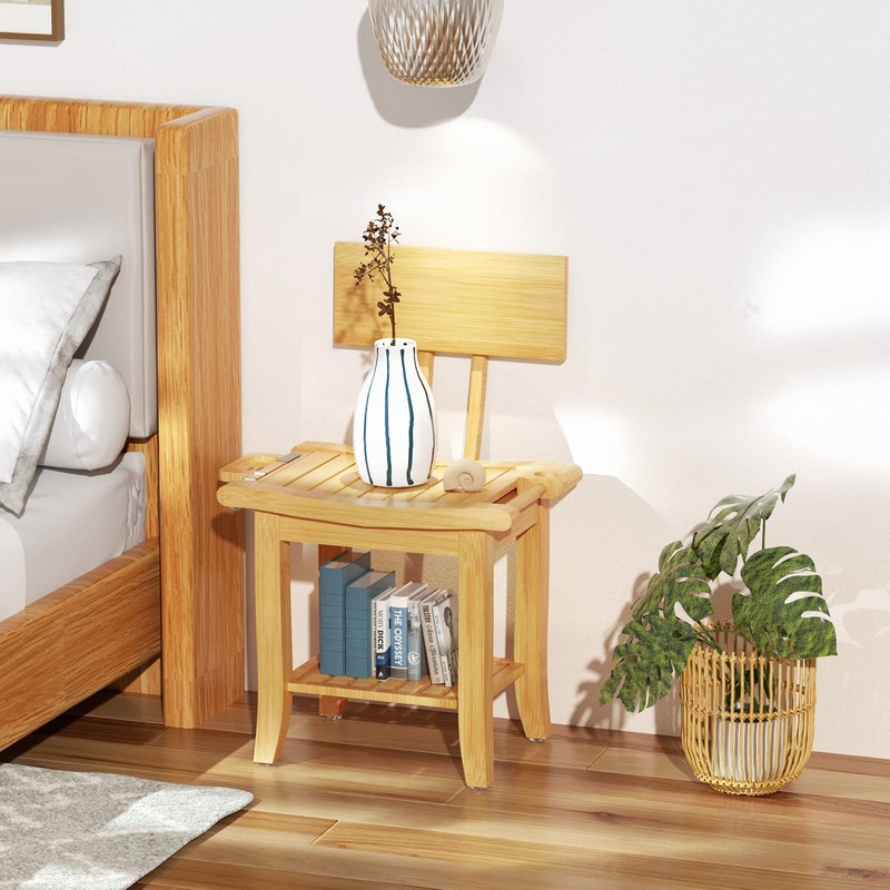 ETECHMART Bamboo Shower Bench with Back and Soap Dish, 2-Tier