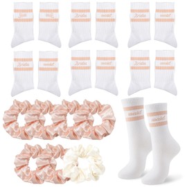 QHANSHIEE 14 Pcs Bachelorette Party Favors 6 Pairs Bridesmaid Socks 1 Pair Bride Sock,7 Satin Bridesmaid Scrunchies Women Wedding Gifts Set Bride To Be Gift Bachelorette Party Favor Bridesmaid Gift