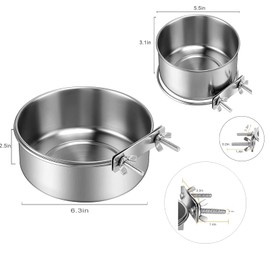 2 PCS Stainless Steel Pet Bowls Anti-Spill Metal Feeder Food and Water Feeding Bowl, Hanging Pet Cage Crate Bowl for Puppy Kennel Medium and Large Pets (5.5x3.1'' & 6.3x2.5'')