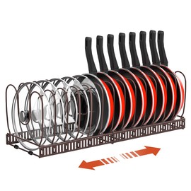 Housolution Pot and Pan Organizer Rack for Cabinet, Expandable Pot Lid Organizer with 14 Adjustable Dividers, Pan Holder Storage Rack for Kitchen Cabinet, Bronze