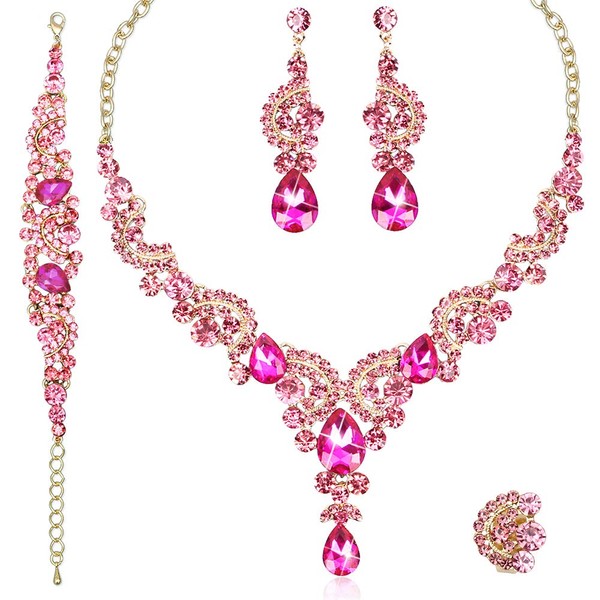 CSY 4 Pcs/Sets Elegant Crystal Necklace Earrings Bracelet Ring Bridal Wedding Costume Jewelry Sets for Brides Women Gifts (Hot Pink)