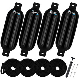VEITHI Boat Fenders 4Pack 5.5 x 20 inch,Ribbed Twin Eyes Vinyl Boat Bumpers Fenders,Boat Bumpers for Docking Come with Ropes Needles and Pump to Inflate,Pontoon Boat Fenders for Docking Black