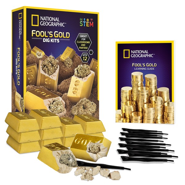 NATIONAL GEOGRAPHIC Fool’s Gold Dig Kit – 12 Gold bar Dig Bricks with 2-3 Pyrite Specimens Inside, Party Activity with 12 Excavation Tool Sets, Great Stem Toy for Boys & Girls Or Party Favors