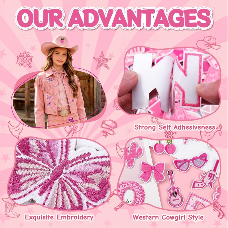 FOGWOWO 72 Pcs Pink Western Cowgirl Patches Self Adhesive Letter