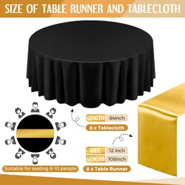 Tudomro 16 Pcs Round Plastic Tablecloth and 12 x 108 Satin Table Runner Set 84" Round Table Covers Circle Plastic Table Cloth for 4th of July Birthday Wedding Party Decoration(Black, Gold)