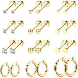 YADOCA 12 Pairs Tiny Stud Hoop Earrings for Women Men 18K Stainless Steel Flat Back Earrings CZ Ball Pearl Small Stud Hoop Cartilage Earrings Sets for Multiple Piercings