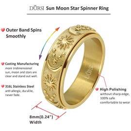DURSI Sun Moon and Star Spinner Fidget Ring for Anxiety for Men Women Stainless Steel Rotating Engagement Wedding Band 8MM, 6, Metal, Sandstone