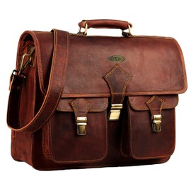 HULSH Leather Briefcase for Men 18 Inch | Vintage Large Messenger Bag | Brown Laptop Bag with Rustic Look