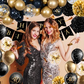 40th Birthday Decoration Men Women, 40th Birthday Woman Man, 40th Birthday Decoration Balloons Black Gold, Decoration 40th Birthday with Happy Birthday Banner, Pompoms for Woman Man 40th Birthday
