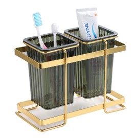 IKWZ Toothbrush Holders for Bathrooms Metal Toothbrush Holders Electric Tooth Toothpaste Brushing Electroplate Holders Stand 2 Cups for Bathrooms Family Kids (Gold Green)
