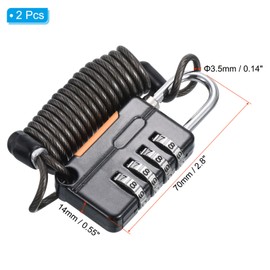 PATIKIL 2 Pack 4 Digit Combination Lock, Helmet Padlock Cable Lock Gym Locker Lock with 3.28Ft Flexible Security Steel Lock Wire for Bike Locker Travel Luggage, Black