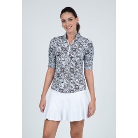 IBKUL Athleisure Wear Sun Protective UPF 50+ Icefil Cooling Kathy Print Ruched Elbow Length Sleeve Top – 41871 Black/Grey Kathy S