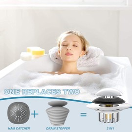 Upgraded 2 in 1 Bathtub Drain Stopper Bathtub Drain Hair Catcher,Pop-up Tub Stopper with Dual Filtration Design,Anti-Clogging Bath Drain Plug, Fits 1.45-1.8" Drain Openings