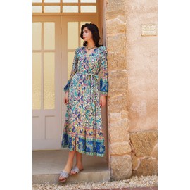 R.Vivimos Women's Long Sleeve Boho Midi Dress V Neck Floral Print Casual Button Down Loose Ruffle Beach Long Dress with Belt (Small, Green)