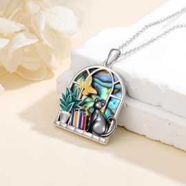 LONAGO Cat Pendant Necklace with Abalone Shell Sterling Silver Cat Necklace Jewelry Gift for Women