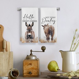 Qeheb Donkey Gifts Funny Hand Towels Set of 2, Hello Sweet Cheeks Not Today Donkey Botanical Decorative Hand Towels for Bathroom Decor, Funny Farmhouse Bathroom Decor, Dish Cloths & Dish Towel