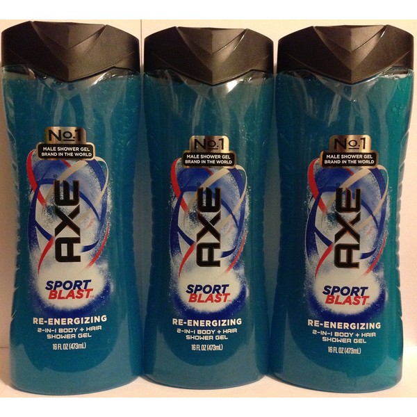 Axe Shower Gel For Men - Sport Blast - 2 in 1 Body + Hair - Re-Energizing - Net Wt. 16 FL OZ (473 mL) Per Bottle - Pack of 3