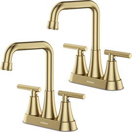 Bathroom Sink Faucet, Hurran 4 inch Brushed Gold Bathroom Faucets for Sink 3 Hole with Pop-up Drain and Supply Hoses, 2-Handle Centerset Faucet for Bathroom Sink Vanity RV Farmhouse, 2 Pack
