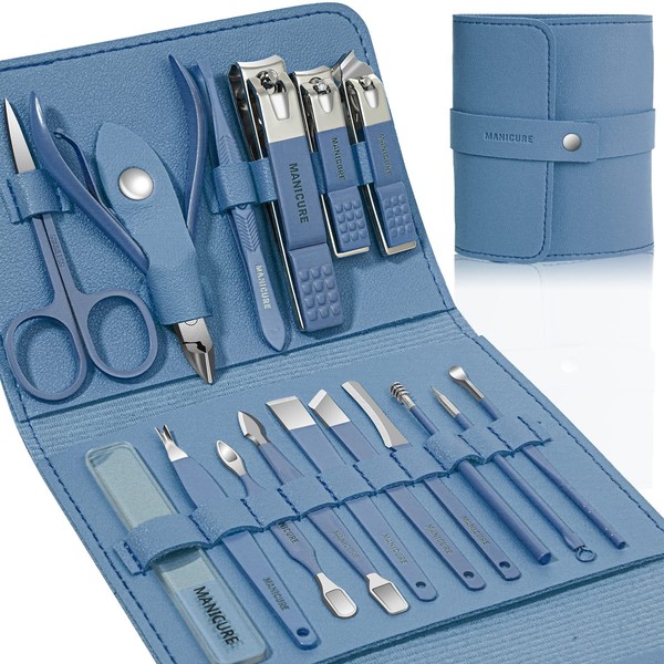 Manicure Set Professional Nail Clippers Pedicure Kit, 16 pcs Stainless Steel Nail Care Tools Grooming Kit with Luxurious Travel Leather Case for Thick Nails Men Women Gift (Blue)