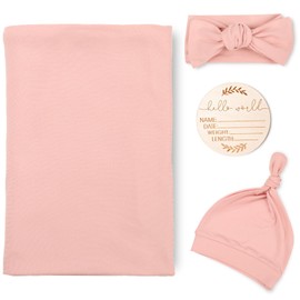 TANOFAR 4-Pack Newborn Swaddle Blanket for Baby Girls & Boys, Ultra Soft Receiving Blankets with Matching Headband and Beanie Set Baby Nursery Swaddle Wrap (Pink)
