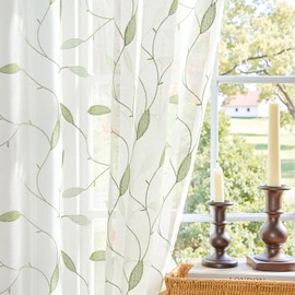 Lazzzy - Cortinas traslúcidas bordadas con hojas florales blancas para recámara, sala de estar, cortinas de gasa rústica para privacidad y ventana, juego de 2 paneles de 96 pulgadas de largo, parte