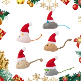 PORUPAEL 5 Pack Christmas Cat Catnip Mouse Toys, Xmas Cat Mouse Toys Sticks with Santa Claus Hat Interactive Plush for Indoor Cats Simulation Catnip Soft Toy for Cat Playing Chewing Teeth Cleaning