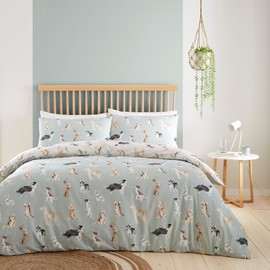 Fusion - Duck Egg Blue Dog Duvet Cover - Single Bedding Size (140 x 200cm) - Reversible Design (Beige & Duck Egg Blue) - Paw Print Duvet Cover - Dogs Print Duvet - Shih Tzu, French Bull and Poodles