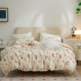 Red Floral Duvet Cover Queen 3 Pieces Soft Breathable Cotton Duvet Cover Set, Garden Floral Aesthetic Bedding Comforter Cover Set with Zipper Ties, 1 Duvet Cover and 2 Pillowcases, No Comforter