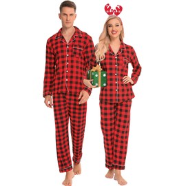 SWOMOG Couples Christmas Pajamas Set Women & Men Long Sleeve Pj Set Party Holiday Sleepwear Button-Down Loungewear Set womens Red With Black Grid Medium
