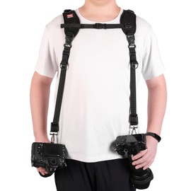 Quick Release Dual Camera Harness With Camera Safety Tether– Double Shoulder Camera Strap for 2 Cameras – Adjustable Length, Camera Straps for Photographers Camera Belt for DSLR SLR Camera