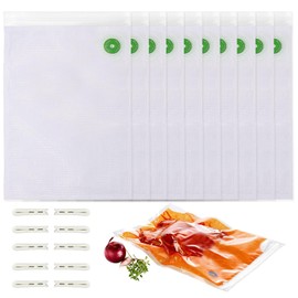 Vacuum Freezer Bags, Pack of 10 Vacuum Sealed Bags Kit, Includes 10 White Zip Clips, Each 26 x 40 cm, for Food Storage and Sous Vous Cooking, BPA-Free, Transparent