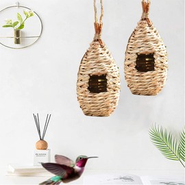 Pack of 2 Grass Bird Nest, Bird Nest Grass, Hand-Woven Bird House, Wear-Resistant Hanging Bird Nest, Hand-Woven Bird Hut Grass Bird Nest, for Budgies, Tits, Canaries, Blackbird (11.5 x 22 cm)