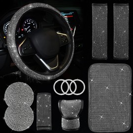 JINGSEN 11 Pcs Car Decoration Set,Bling Car Decoration Set for Women,Universal Fit 15 Inch,Rhinestone Center ConsoleCover(White)