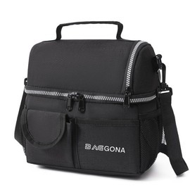 BAGGONA Insulated Lunch Bag with Compartments, lunch box for men/women, large dual compartment for adults/kids, double decker, leakproof tote, lunch cooler hot/cold, light and soft lunch box black