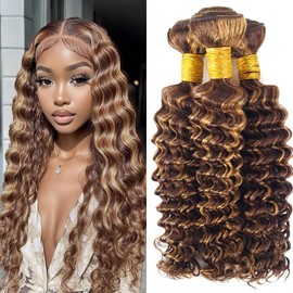 Dokksiiia P4/27 2-Tone Deep Wave Bundles Human Hair- Dark Brown & Honey Blonde Ombre Highlights Loose Deep Weave 3 Bundles 24/26/28 Inch Double Weft Brazilian Human Hair Extensions