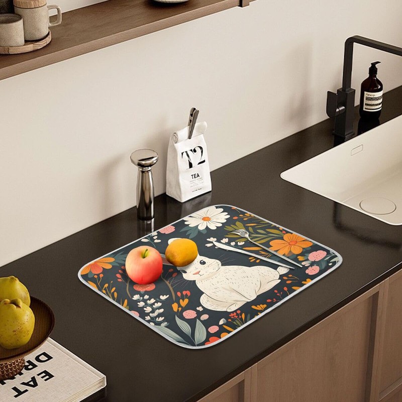Cute Rabbit Dish Drying Mat for Kitchen Counter Absorbent Microfiber