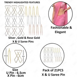 VAMA Fashions Clip on X U Cross Metal Strong Pin Sarees Dupatta Pallu Hijab Hold Pleats Brooch Safety Saree Pins for Women - 24 Sareepin