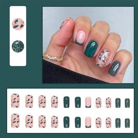 24Pcs French Tip Press on Nails Short Square Fake Nails Artificial False Nails Full Cover Green Fake Nail Glue on Nail for Women with Leaves Designs Removable Spring Summer Flash Acrylic Nail
