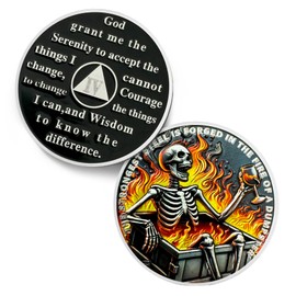 Dumpster Fire Skull 4 Year Sobriety Coin - The Strongest Steel is Forged AA Coins - Recovery Addiction NA AA Chips and Medallions - Celebrate Clean Narcotics Alcoholics Anonymous Gifts for Men Women
