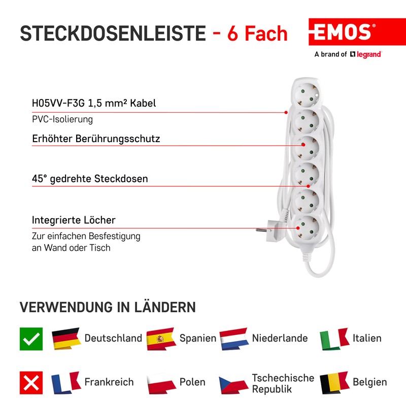 EMOS - 6-way power strip 5m - 6 Schuko sockets