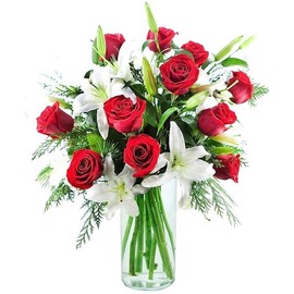 KaBloom PRIME NEXT DAY DELIVERY - Fall Collection - Bouquet of Red Rose and White Lilies Accented with Lush Greens with Vase Gift for Anniversary, Thank You, Valentine, Mother’s Day Flower